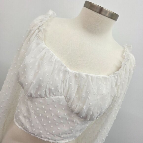 White Chiffon Swiss Dot Milkmaid Top Size L Lantern Sleeve Crop Ruched Bust - Picture 5 of 12